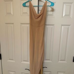 Cowl neck champagne midi cocktail dress